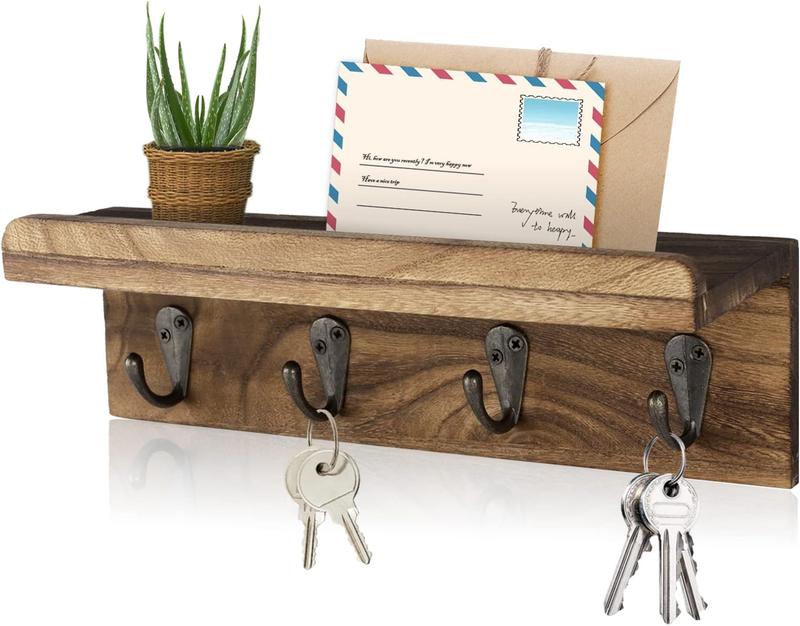 Rustic Wall Key Rack, Farmhouse Wall Rack with 4 Hooks, Wall Mount Key Rack, Wood Mail Organizer with Entry Hooks