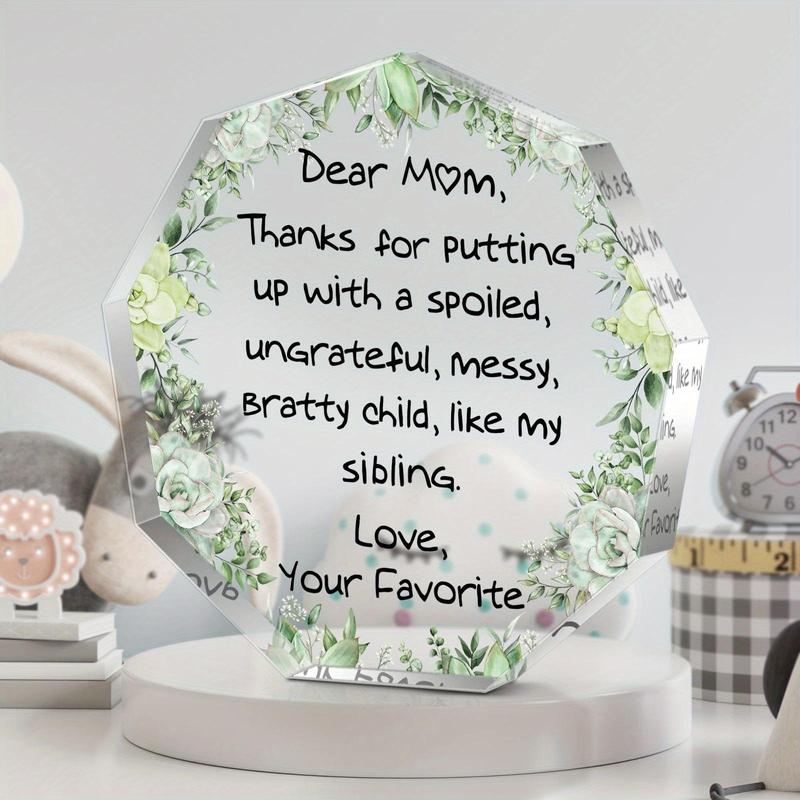 Acrylic Block, 1 Count Letter for Mom Pattern Engraved Octagonal Acrylic Block, Uplifting Gift for Holidays Festive Mom's Day