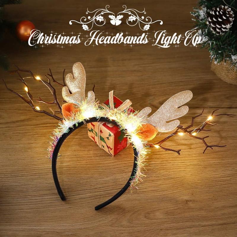 Light Up Christmas Reindeer Antlers Headband LED Xmas Hairband Glowing Hair Hoop Party Costume Cosplay Hair Accessories for Women and  (A Yellow Light)