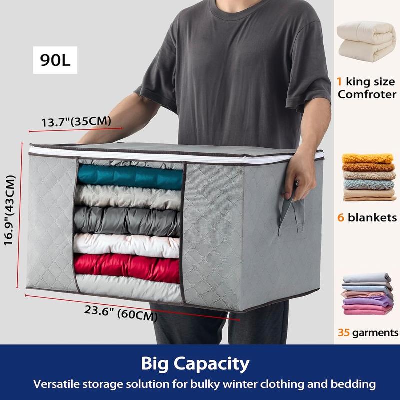 Clothes Organizers and Storage,3 Pack Large 90L Foldable Storage Bags Bedding Storage Containers with Zipper Lids, Closet Collapsible Clothing Bins for Linen Blanket Fabric Pillow Dorm