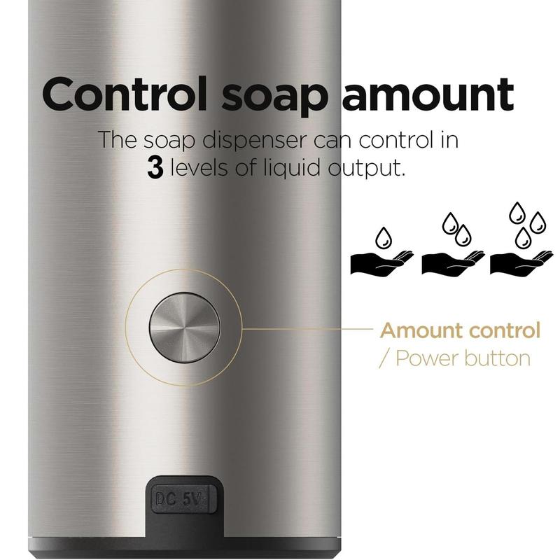 Stainless Steel Automatic Soap Dispenser, 1 Count Touchless Electric Sensor Hand Free Liquid Soap Dispenser with 3 Adjustable Dosage Control, Type-C Rechargeable