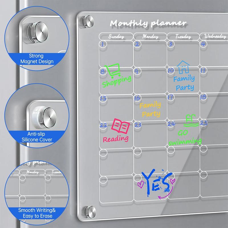 Acrylic Magnetic Calendar Monthly and to Do List for Fridge, Acrylic Clear Magnetic Dry Erase Board Calendar for Refrigerator, Reusable Planning Board, Planner Includes 6 Dry Erase Markers