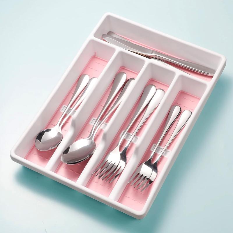 Silverware Organizer with Icons, Plastic Cutlery silverware Tray for Drawer, Utensil Flatware Tableware Organizer for Kitchen with Non-slip ,Fits Standard Drawer,5-Compartment