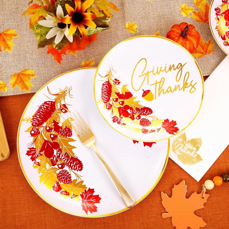 Nervure 175pcs Thanksgiving Plastic Plates - White and Gold Disposable Plates include 25 Dinner Plates-25 Dessert Plates-25 Knives-25 Forks-25 Spoons-25 Cups-25 Napkins for Thanksgiving Party