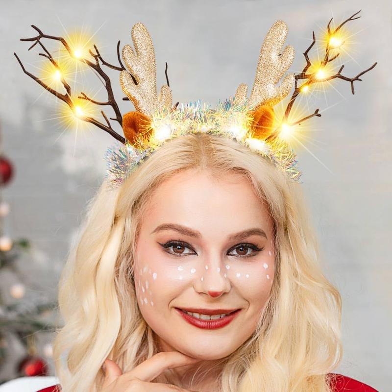 Light Up Christmas Reindeer Antlers Headband LED Xmas Hairband Glowing Hair Hoop Party Costume Cosplay Hair Accessories for Women and  (A Yellow Light)