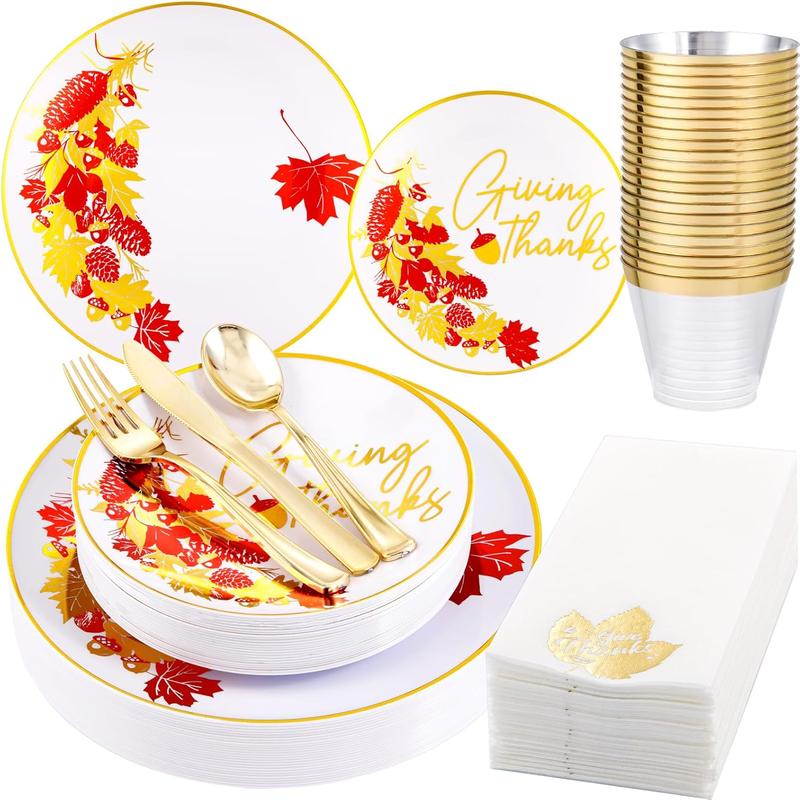 Nervure 175pcs Thanksgiving Plastic Plates - White and Gold Disposable Plates include 25 Dinner Plates-25 Dessert Plates-25 Knives-25 Forks-25 Spoons-25 Cups-25 Napkins for Thanksgiving Party