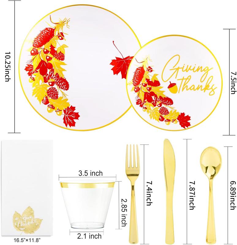 Nervure 175pcs Thanksgiving Plastic Plates - White and Gold Disposable Plates include 25 Dinner Plates-25 Dessert Plates-25 Knives-25 Forks-25 Spoons-25 Cups-25 Napkins for Thanksgiving Party