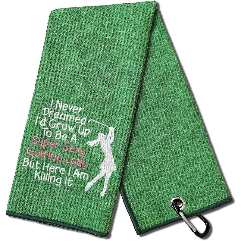 Super Sexy Golfing Lady Funny Golf Towel, Embroidered Green Golf Towels for Golf Bags with Clip, Golf Gifts for Men Woman, Birthday Gifts for Golf Fan, Retirement Gift, Mom Golf Towel