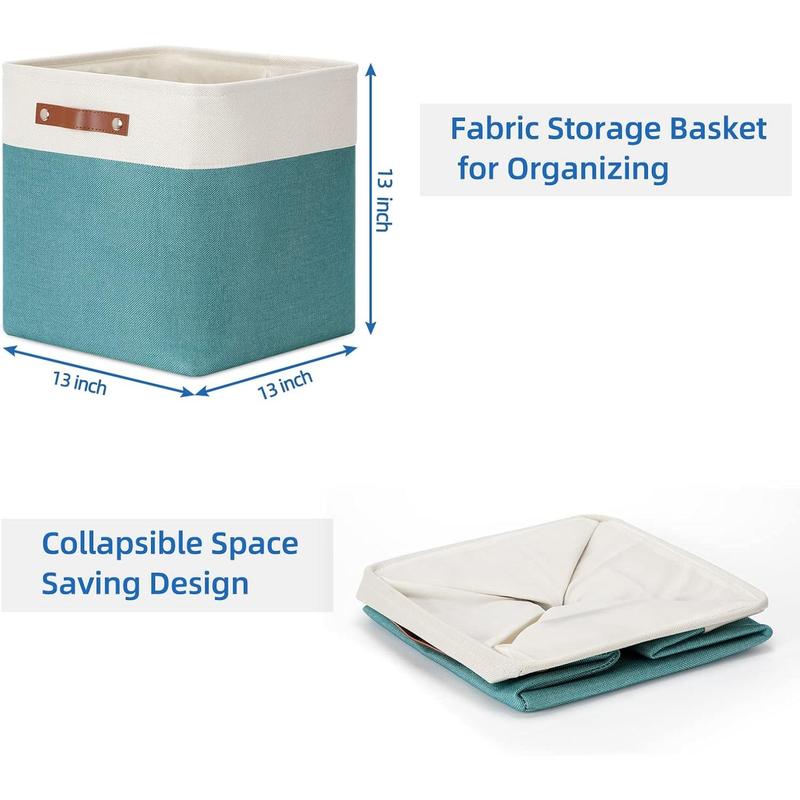 Fabric Storage Cubes 13x13 Storage Baskets for Organizing, 4Pack Large Fabric Storage Bins with Handles Cube Storage Baskets for Storage Clothes, Books (White&Teal) Leather Lightweight Leather Lightweight