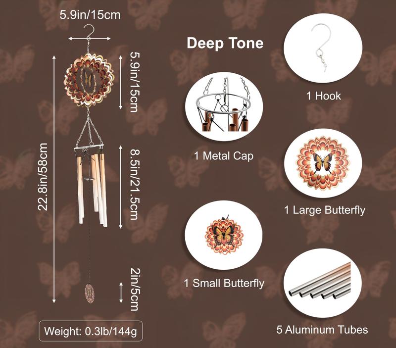 LAUDAWSUN Sympathy Wind Chimes for Outside with 3D Kinetic Wind Spinner and Large Butterfly Design, Memorial Wind Chimes for Loss of Loved One