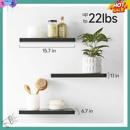 BAYKA Floating Shelves for Wall, Wall Mounted Rustic Wood Shelves for Bathroom, Bedroom, Living Room, Kitchen, Hanging Shelf for Books Storage Room Decor with 22lbs Capacity (Black, Set of 3, 16in)