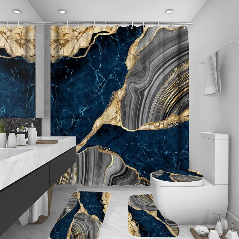 4Pcs Marble Shower Curtain Sets with 12 Hooks - Luxury Bathroom Decor Sets Traditional Waterproof