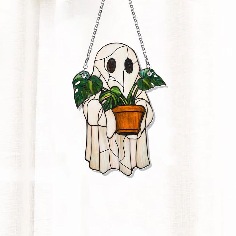 Cute Ghost Plant Suncatcher, Ghost and Monstera Acrylic Suncatcher, Halloween Ghost Window Hangings, Plant Lovers Gift, Gift For Mom Ornaments