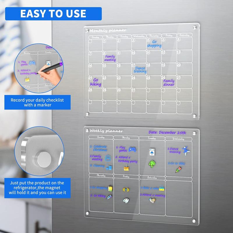 Acrylic Magnetic Calendar Monthly and to Do List for Fridge, Acrylic Clear Magnetic Dry Erase Board Calendar for Refrigerator, Reusable Planning Board, Planner Includes 6 Dry Erase Markers