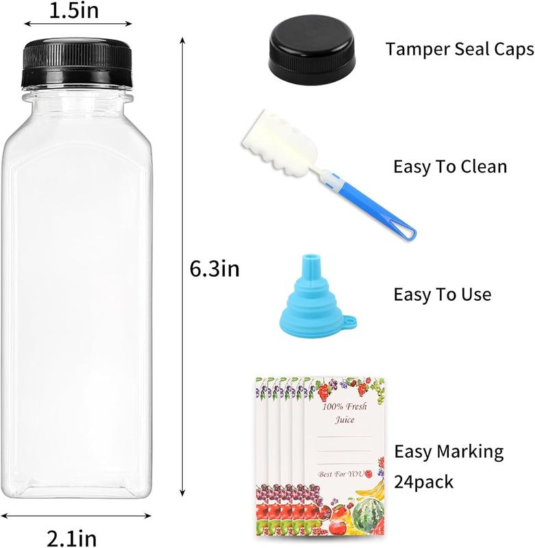 20 count 12oz Empty Plastic Juice Bottles with Caps, Reusable Water Bottles, Clear Bulk Drink Containers with Black Tamper Evident Lids for Juicing, Smoothie, Drinking and Other Beverages