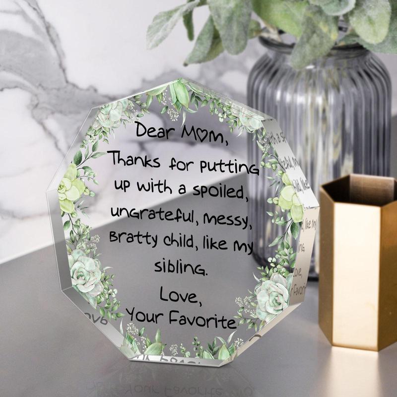 Acrylic Block, 1 Count Letter for Mom Pattern Engraved Octagonal Acrylic Block, Uplifting Gift for Holidays Festive Mom's Day