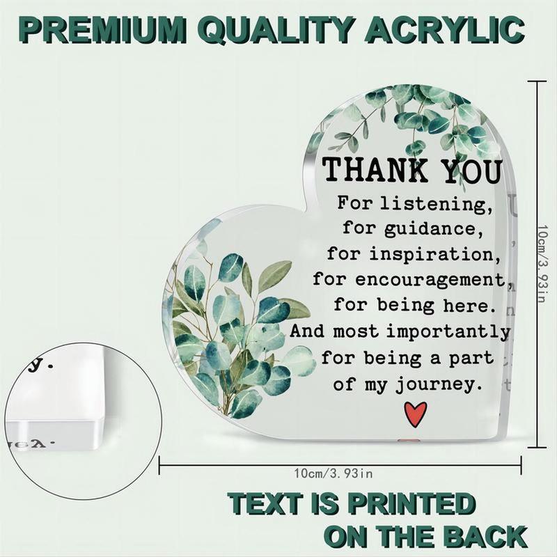 Heart Shaped Acrylic Plaque, Letter & Leaf Pattern Decorative Plaque, Desktop Ornament for Home Office, Thank You Gift for Family Friends