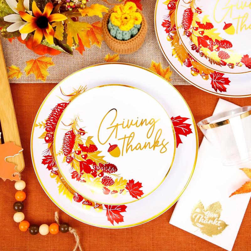 Nervure 175pcs Thanksgiving Plastic Plates - White and Gold Disposable Plates include 25 Dinner Plates-25 Dessert Plates-25 Knives-25 Forks-25 Spoons-25 Cups-25 Napkins for Thanksgiving Party