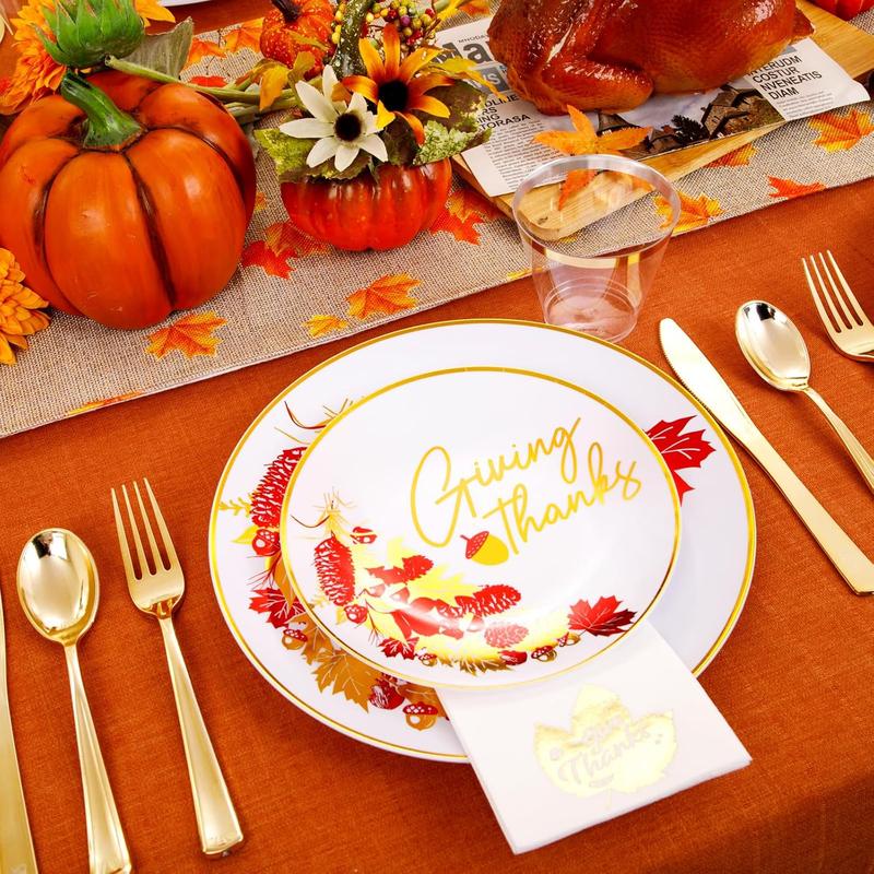 Nervure 175pcs Thanksgiving Plastic Plates - White and Gold Disposable Plates include 25 Dinner Plates-25 Dessert Plates-25 Knives-25 Forks-25 Spoons-25 Cups-25 Napkins for Thanksgiving Party