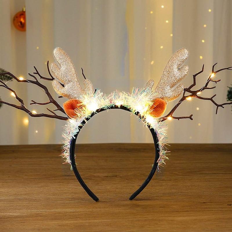 Light Up Christmas Reindeer Antlers Headband LED Xmas Hairband Glowing Hair Hoop Party Costume Cosplay Hair Accessories for Women and  (A Yellow Light)