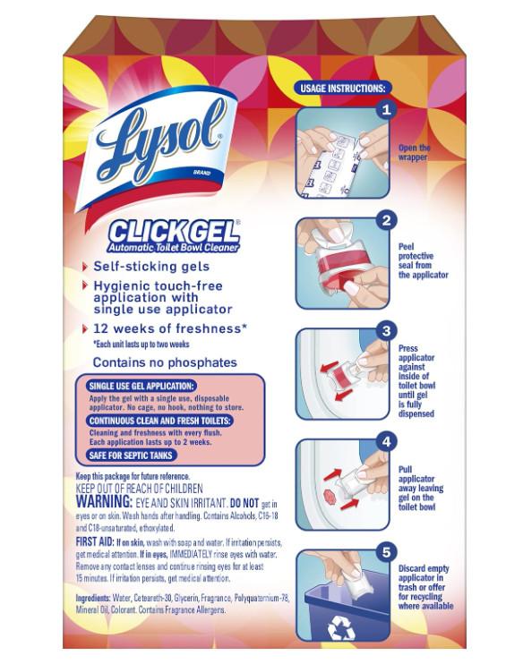 Lysol Click Gel Automatic Toilet Bowl Cleaner, Gel Toilet Bowl Cleaner, For Cleaning and Refreshing, Mango & Hibiscus, 6 Count (Pack of 1)