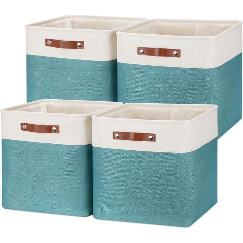 Fabric Storage Cubes 13x13 Storage Baskets for Organizing, 4Pack Large Fabric Storage Bins with Handles Cube Storage Baskets for Storage Clothes, Books (White&Teal) Leather Lightweight Leather Lightweight