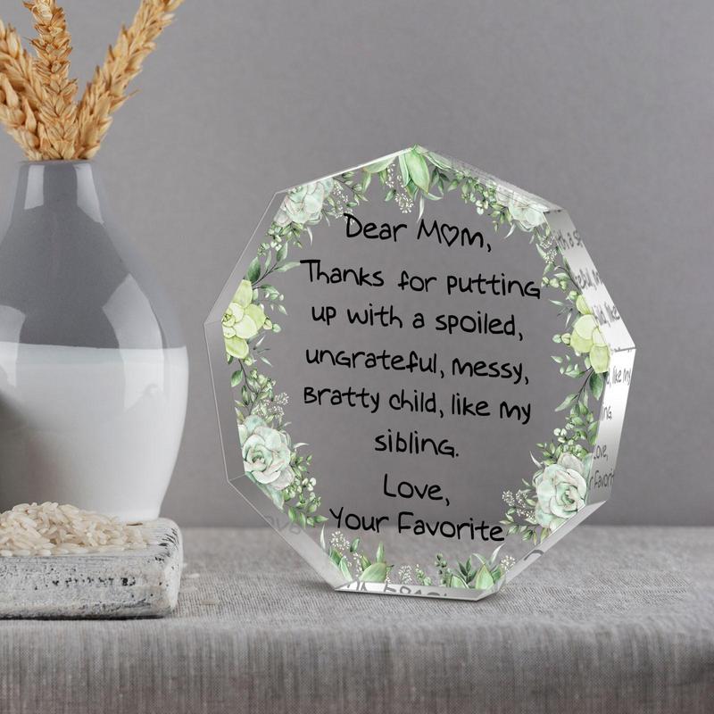 Acrylic Block, 1 Count Letter for Mom Pattern Engraved Octagonal Acrylic Block, Uplifting Gift for Holidays Festive Mom's Day