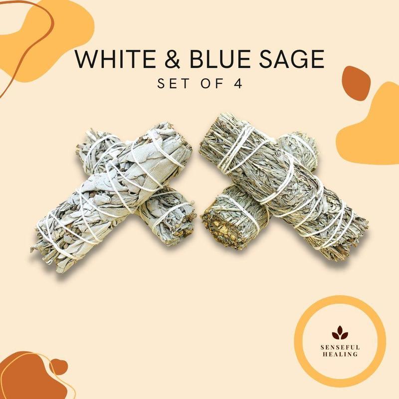 Blue & White Sage Bundle (Set of 4) - Smudging Stick Kit for Spiritual Work and Manifestation Intention Fragrance Freshener