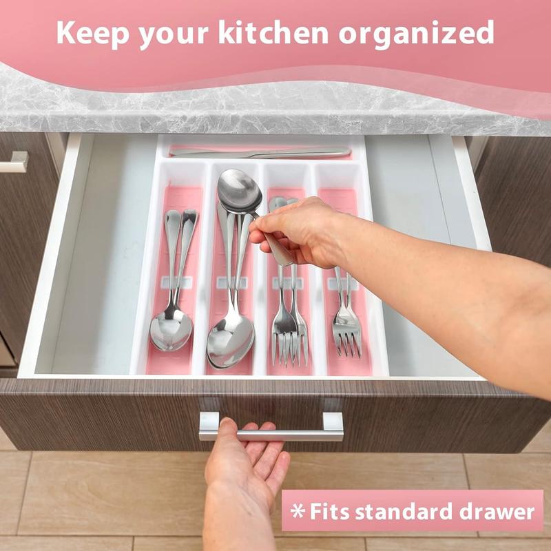 Silverware Organizer with Icons, Plastic Cutlery silverware Tray for Drawer, Utensil Flatware Tableware Organizer for Kitchen with Non-slip ,Fits Standard Drawer,5-Compartment