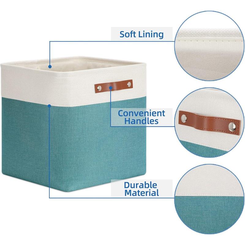 Fabric Storage Cubes 13x13 Storage Baskets for Organizing, 4Pack Large Fabric Storage Bins with Handles Cube Storage Baskets for Storage Clothes, Books (White&Teal) Leather Lightweight Leather Lightweight