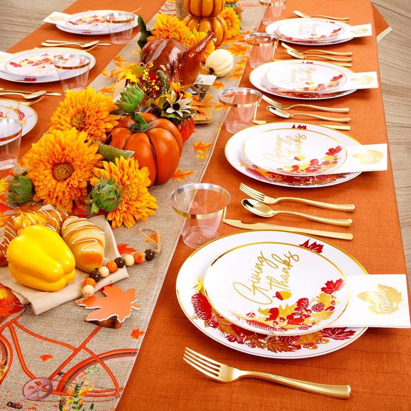 Nervure 175pcs Thanksgiving Plastic Plates - White and Gold Disposable Plates include 25 Dinner Plates-25 Dessert Plates-25 Knives-25 Forks-25 Spoons-25 Cups-25 Napkins for Thanksgiving Party