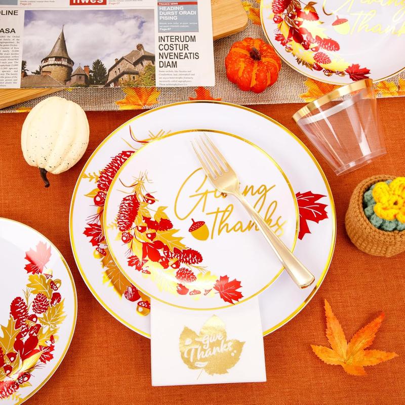 Nervure 175pcs Thanksgiving Plastic Plates - White and Gold Disposable Plates include 25 Dinner Plates-25 Dessert Plates-25 Knives-25 Forks-25 Spoons-25 Cups-25 Napkins for Thanksgiving Party