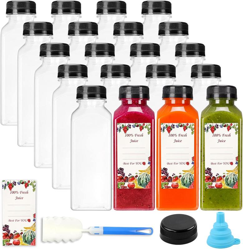 20 count 12oz Empty Plastic Juice Bottles with Caps, Reusable Water Bottles, Clear Bulk Drink Containers with Black Tamper Evident Lids for Juicing, Smoothie, Drinking and Other Beverages