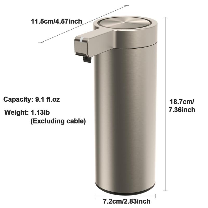 Stainless Steel Automatic Soap Dispenser, 1 Count Touchless Electric Sensor Hand Free Liquid Soap Dispenser with 3 Adjustable Dosage Control, Type-C Rechargeable