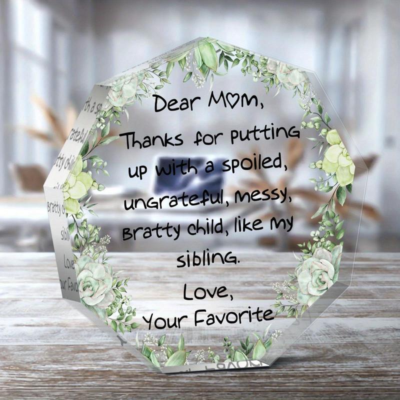 Acrylic Block, 1 Count Letter for Mom Pattern Engraved Octagonal Acrylic Block, Uplifting Gift for Holidays Festive Mom's Day