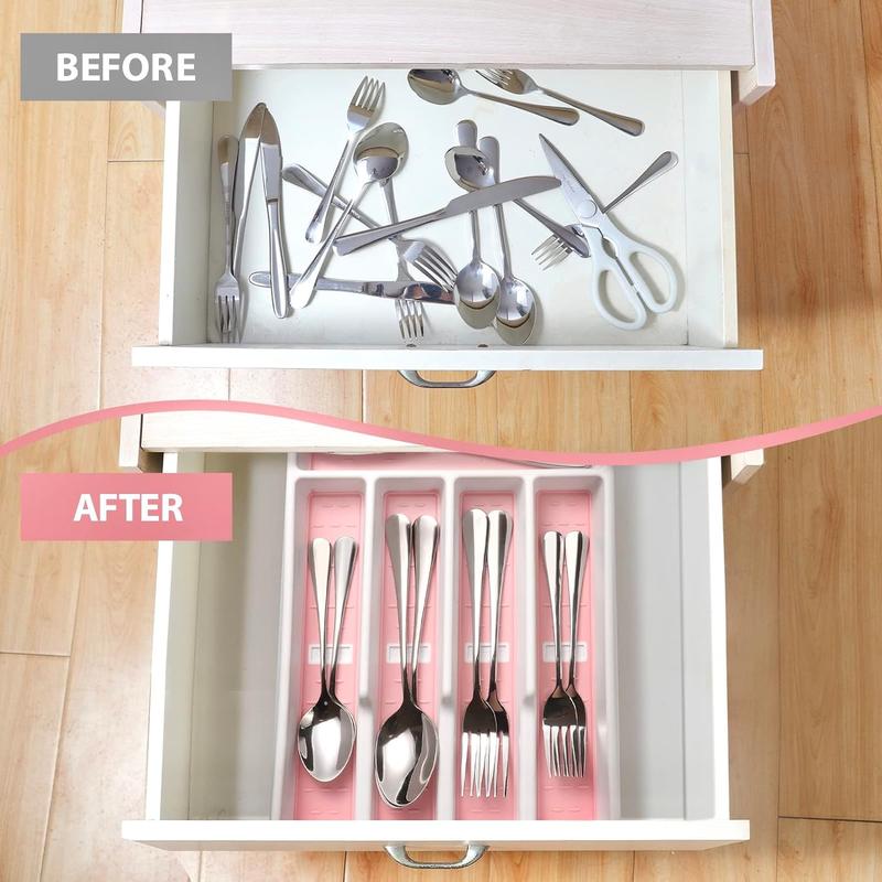 Silverware Organizer with Icons, Plastic Cutlery silverware Tray for Drawer, Utensil Flatware Tableware Organizer for Kitchen with Non-slip ,Fits Standard Drawer,5-Compartment