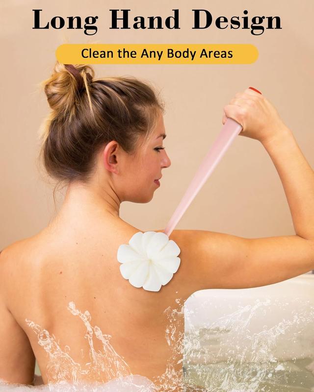 Scrubber for Shower, Shower Brush for  with Bristles and Loofah, Bath Brush Long Handle for Shower,  Washer for Bath and Dry Brush,  Shower Brush for Men Women  Pink