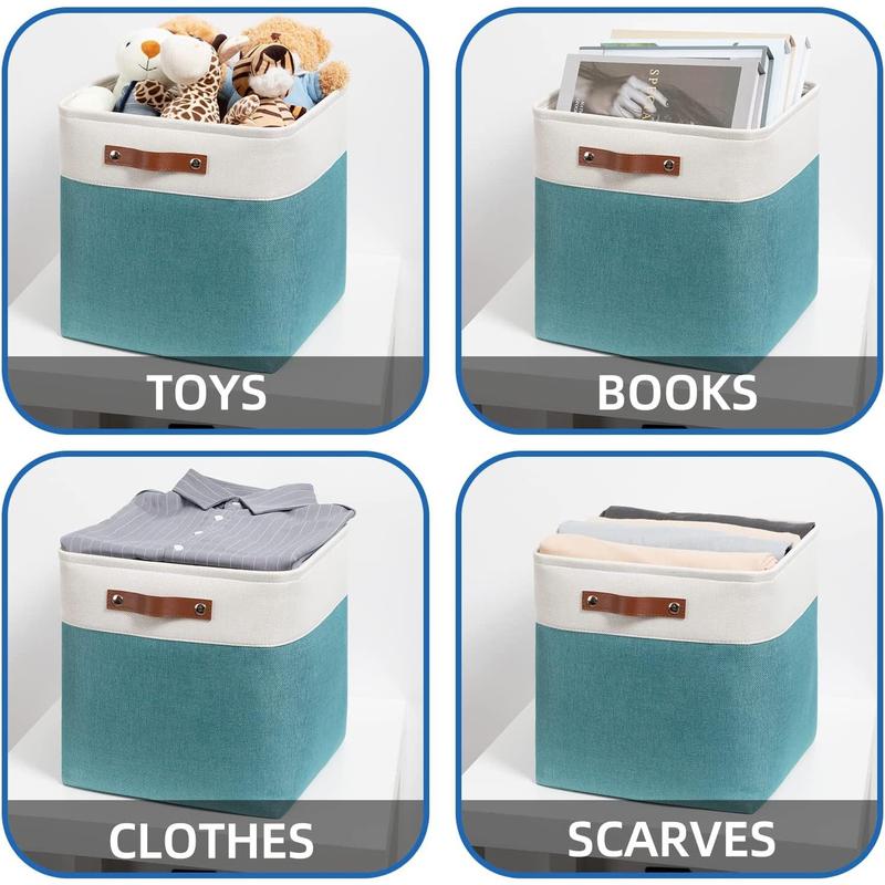 Fabric Storage Cubes 13x13 Storage Baskets for Organizing, 4Pack Large Fabric Storage Bins with Handles Cube Storage Baskets for Storage Clothes, Books (White&Teal) Leather Lightweight Leather Lightweight