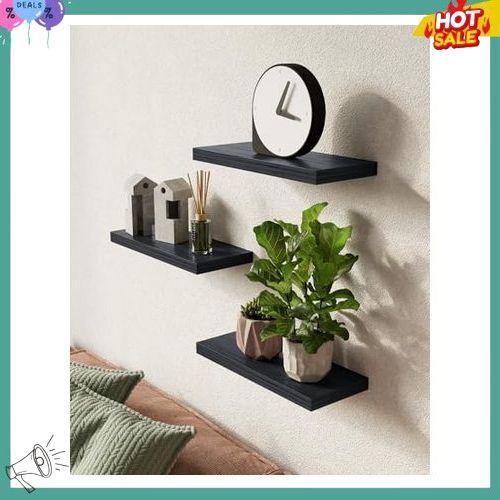 BAYKA Floating Shelves for Wall, Wall Mounted Rustic Wood Shelves for Bathroom, Bedroom, Living Room, Kitchen, Hanging Shelf for Books Storage Room Decor with 22lbs Capacity (Black, Set of 3, 16in)