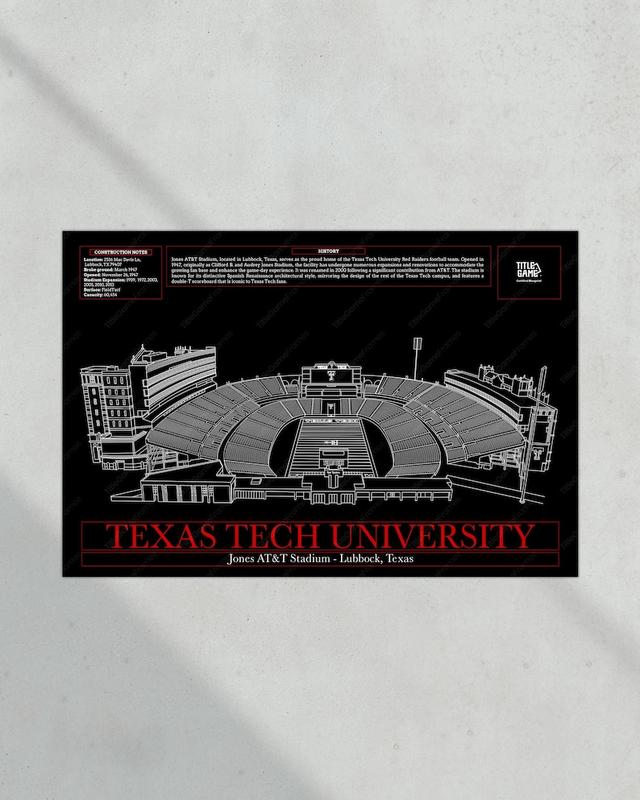 Texas Tech Red Jones AT&T Stadium Football Blueprint Wall Art