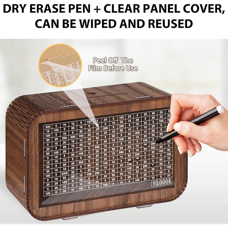 4-in-1 Piggy Bank for Adults - Fully Assembled Wooden Money Saving Challenge Box($1000 $3000 $5000 $10000) - Money Bank with Counter and Dry Erase Pen - Money Box for Cash Coin - Best Gifts