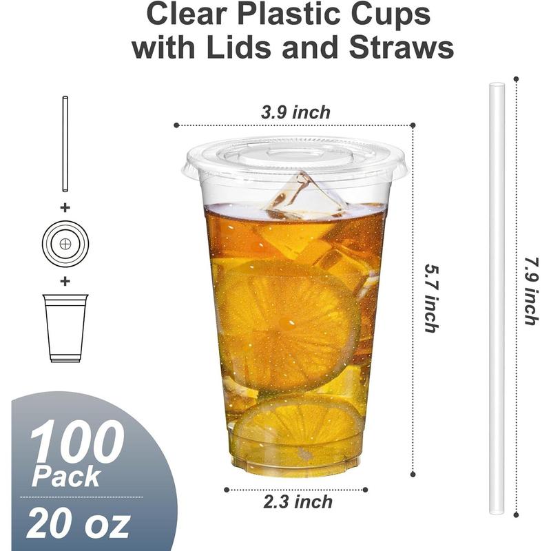 100 count - 16 oz Clear Plastic Cups with Lids and Straws, Sturdy & Food Safe Iced Coffee Cups with lids, Iced Coffee Cup, Disposable Cups Plastic Coffee Cups Smoothie Cups for Cold Drinks