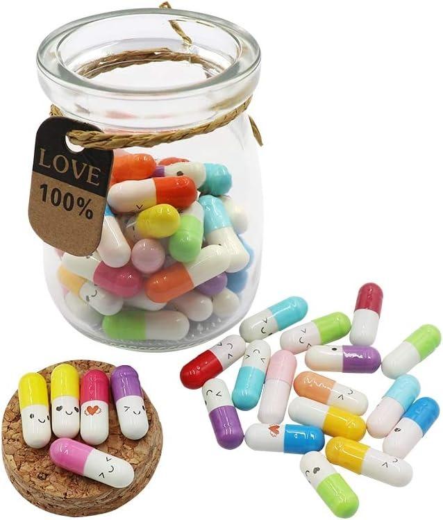 50Pcs Capsule Letters in Glass Bottles with Cute Smiling Face Emojis, Love and Friendship Message Pills for Boyfriend Girlfriend Lovers Family