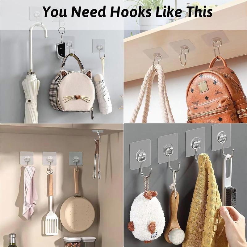 16-Pack of Large Adhesive Hooks - 44lb Capacity, Heavy Duty. Waterproof, Transparent Self-Adhesive Hooks for Hanging. Traceless Clear Wall Hooks for Keys, Robe & Towel Organiser.