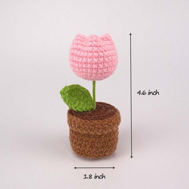 Handmade Crochet ,Small Potted Knitted Desk Decorations Home Decoration  Dashboard Decorations Crochet Artificial Flower (Tulips)