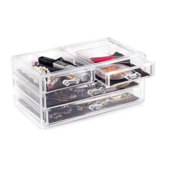 Clear Makeup Organizer - Cosmetic Storage Organizer - 16 Compartments - Easily Sort Make Up & Jewelry - 4 Drawer Vanity Organizer - Elegant Look - Transparent Design - Makeup Holder