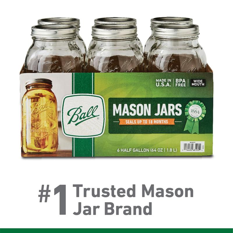 Ball Glass Mason Jar W Lid & Band, Wide Mouth, 64 Ounces, 6 Count