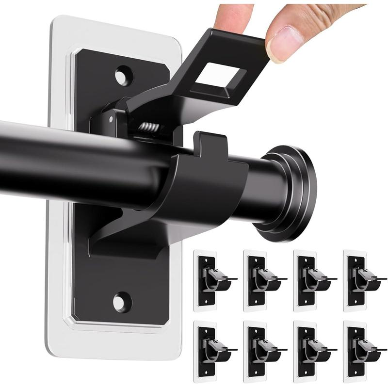 8PCS No Drill Curtain Rod Bracket, Self Adhesive Curtain Rod Holders, No Hole, Multipurpose Nail Free Curtain Rod Hooks for Bathroom Living Room Kitchen and Bedroom (Black)