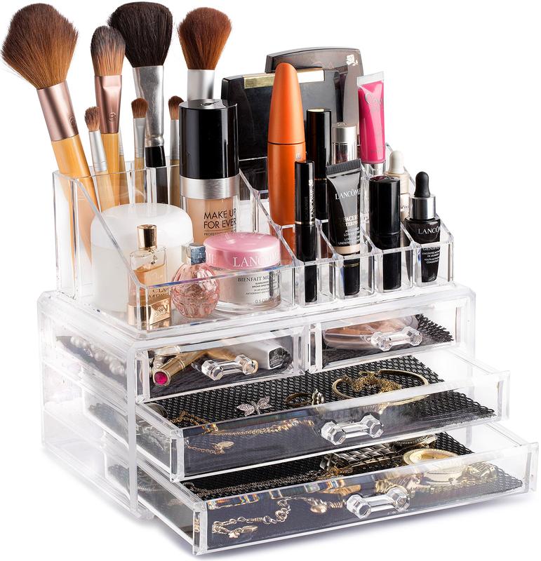 Clear Makeup Organizer - Cosmetic Storage Organizer - 16 Compartments - Easily Sort Make Up & Jewelry - 4 Drawer Vanity Organizer - Elegant Look - Transparent Design - Makeup Holder