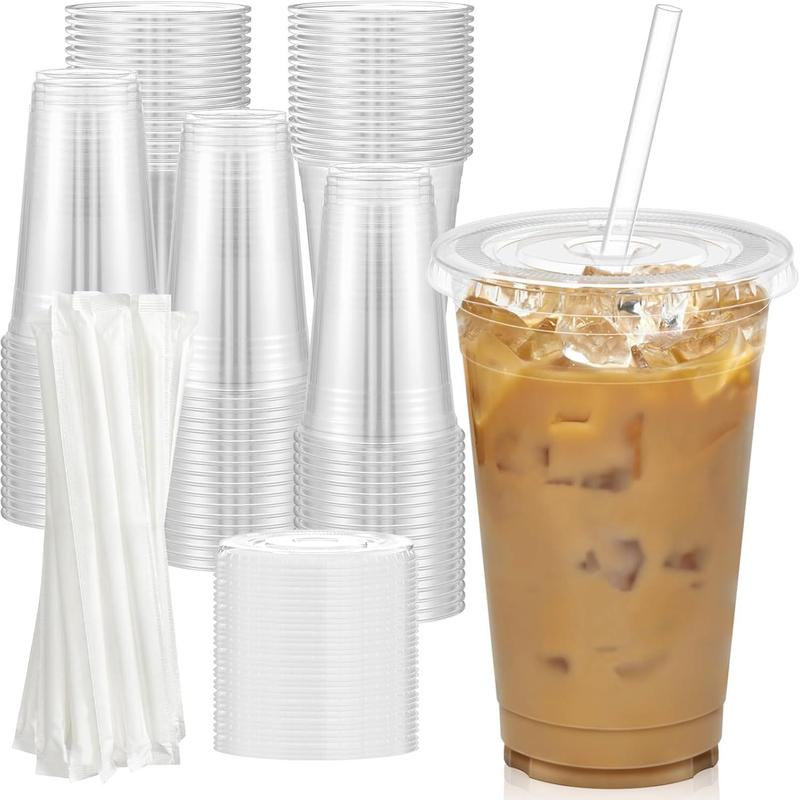 100 count - 16 oz Clear Plastic Cups with Lids and Straws, Sturdy & Food Safe Iced Coffee Cups with lids, Iced Coffee Cup, Disposable Cups Plastic Coffee Cups Smoothie Cups for Cold Drinks